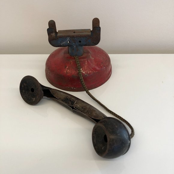 Antique Vintage Red Toy Metal Phone with Cord - Picture 3 of 5